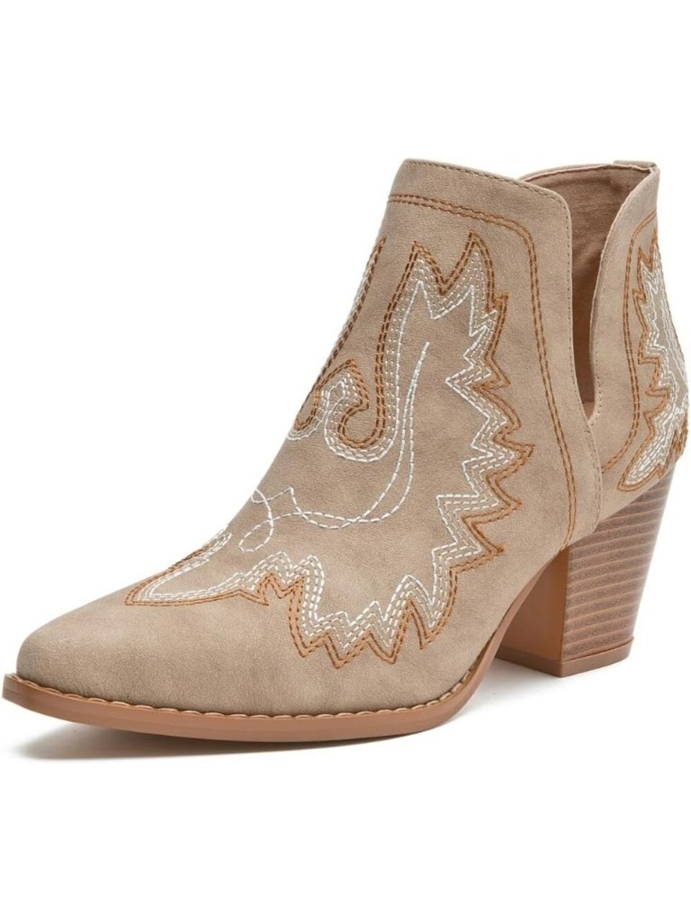 Women's Khaki Cowgirl Ankle Boots Pointed Toe Chunky Block Heel Cutout Shoes